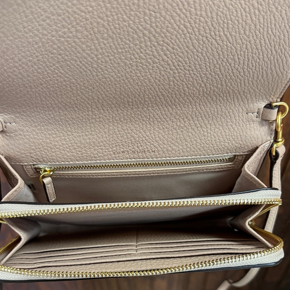 Tory Burch Pebbled Light Blush Crossbody Wallet with Gold Hardware